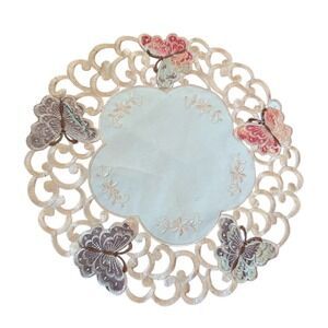 Vintage Doily round orange and pink‎ butterfly embroidered dainty cottage-core